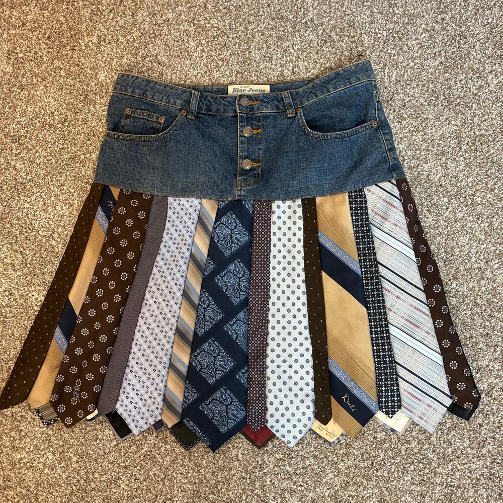 Vintage Handmade Upcycled Neck Tie Denim Jeans Skirt Boho Maximalist 12 - Picture 8 of 16